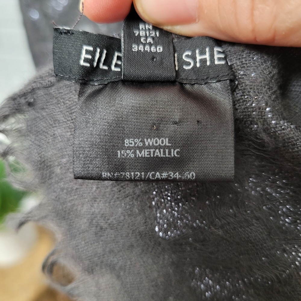 Eileen Fisher Scarf Charcoal Gray Wool Metallic Textured Oblong 15X62 Vtg - Picture 8 of 8